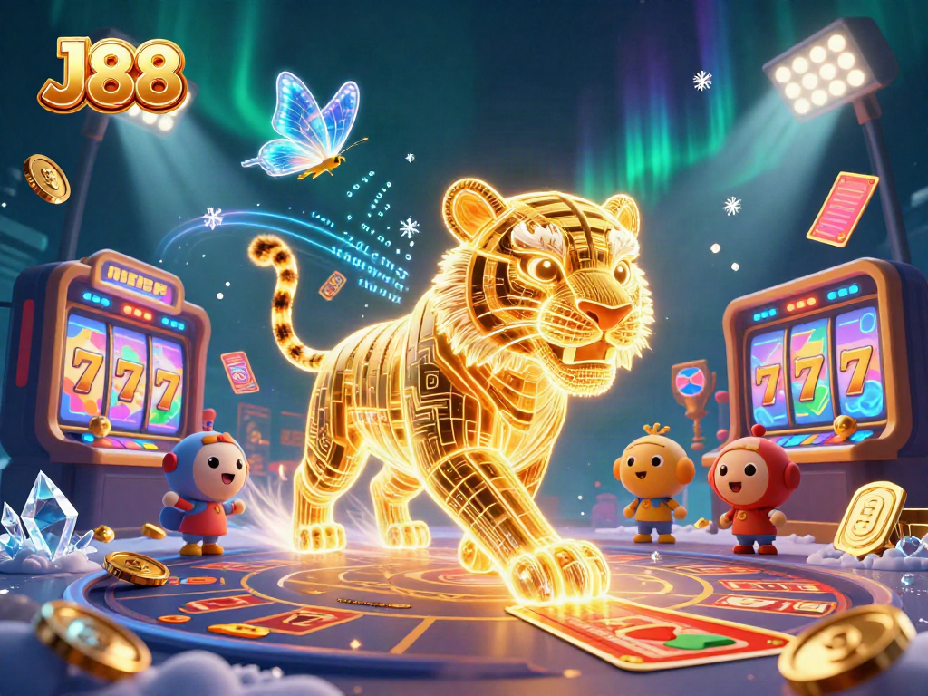 Experience the vibrant world of J88 with stunning visuals of a digital casino and energetic elements.