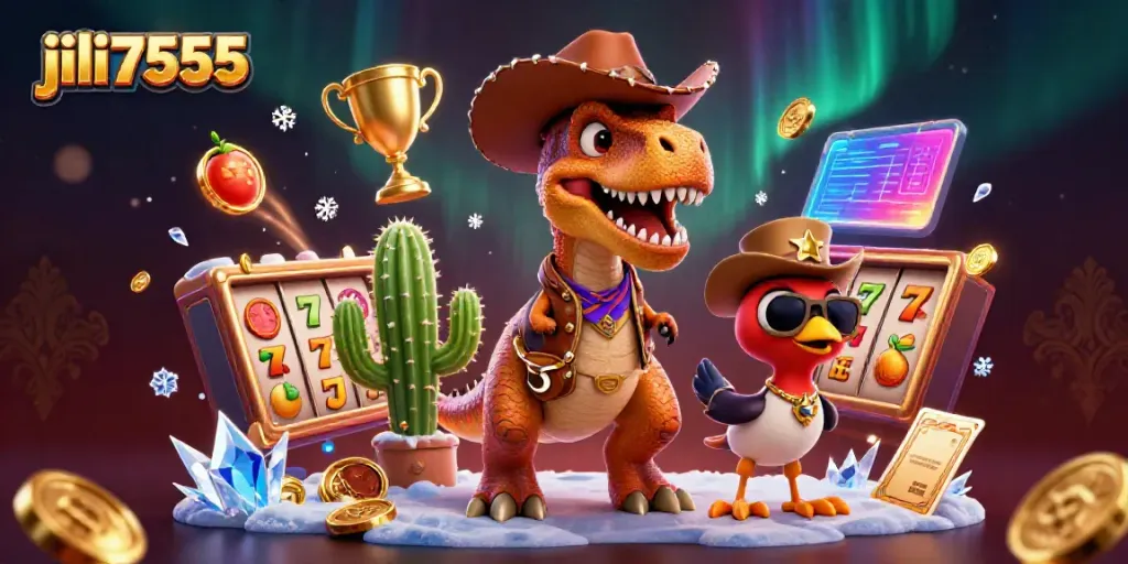 Engage with jili7555's thrilling slot experience featuring dynamic T-Rex characters and gaming elements.