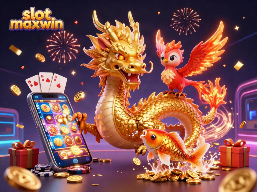 Experience slot maxwin with vibrant gaming elements and dynamic characters in this 3D casino scene.