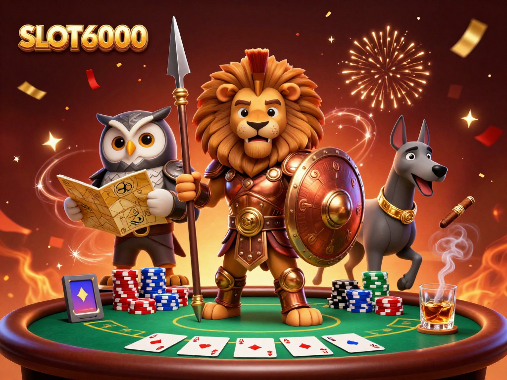 SLOT6000 guides players through vibrant poker strategies with an engaging illustration featuring community elements.
