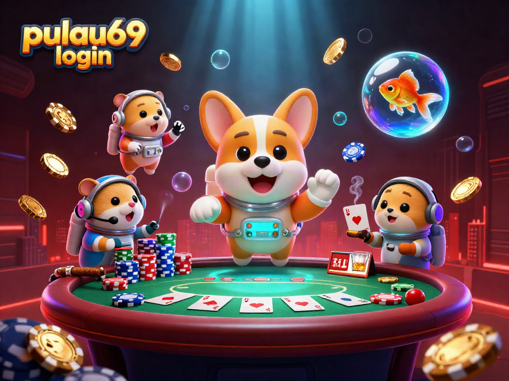 Engage with the vibrant pulau69 login scene showcasing a casino space adventure with floating poker elements.