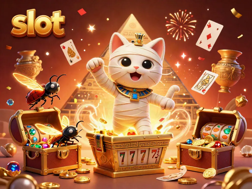 Engage with vibrant slot gaming as a mummy cat bursts from a golden sarcophagus, surrounded by dynamic treasures.