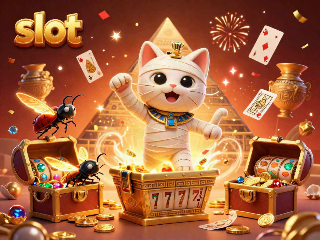 Engage with vibrant slot gaming as a mummy cat bursts from a golden sarcophagus, surrounded by dynamic treasures.