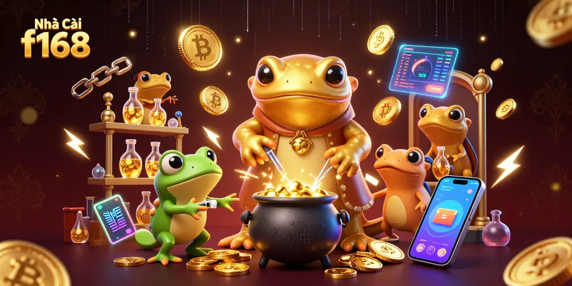 Engage with Nhà cái f168's thrilling gambling scene, showcasing a vibrant alchemist and crypto elements.