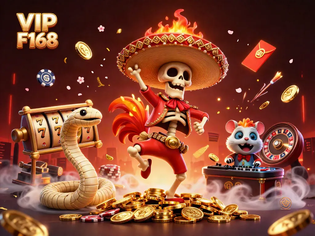 Experience the excitement of VIP F168 with a vibrant 3D casino celebration featuring unique characters and game elements.