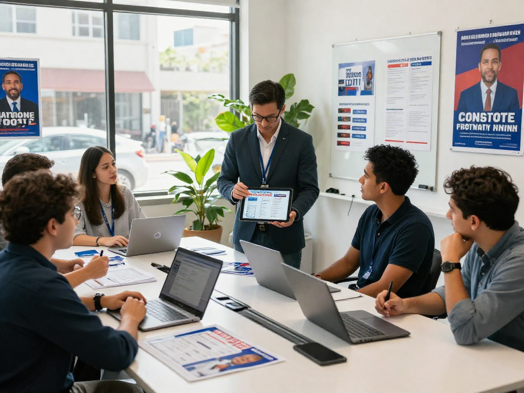 Political display advertising team strategizing with voter data in a collaborative office setting.