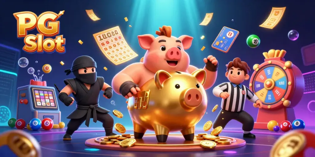 Experience high-energy PG Slot action with a sumo banker amidst a dynamic casino scene featuring colorful games.