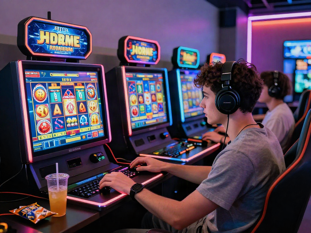 Player engaged in judi slot gaming with vibrant graphics in a modern gaming room.