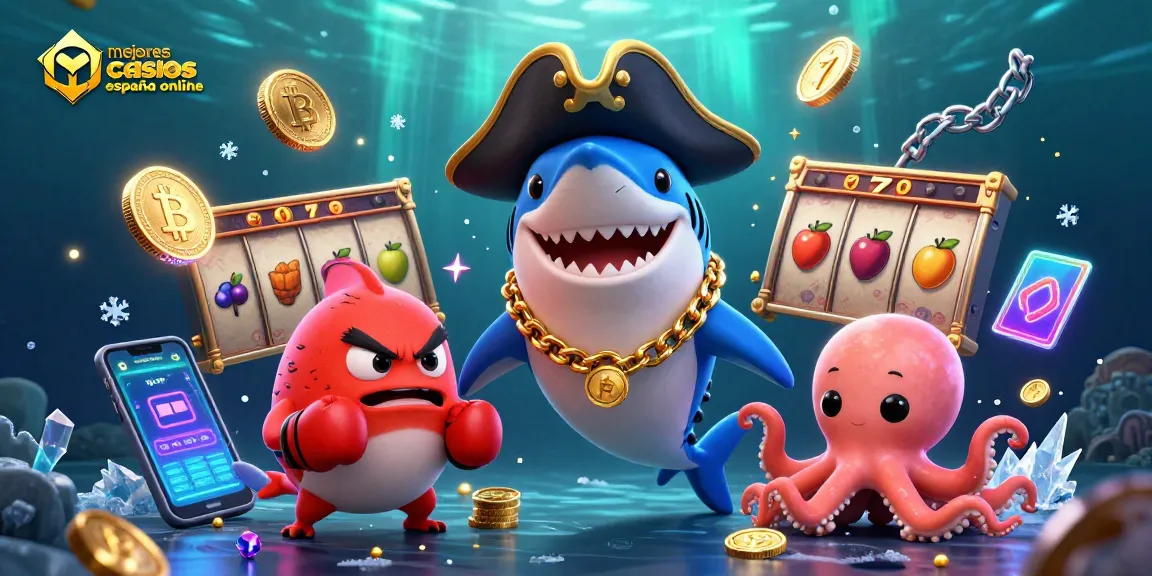 Ilustración 3D de los mejores casinos en España online con tiburón pirata y símbolos de tragamonedas.