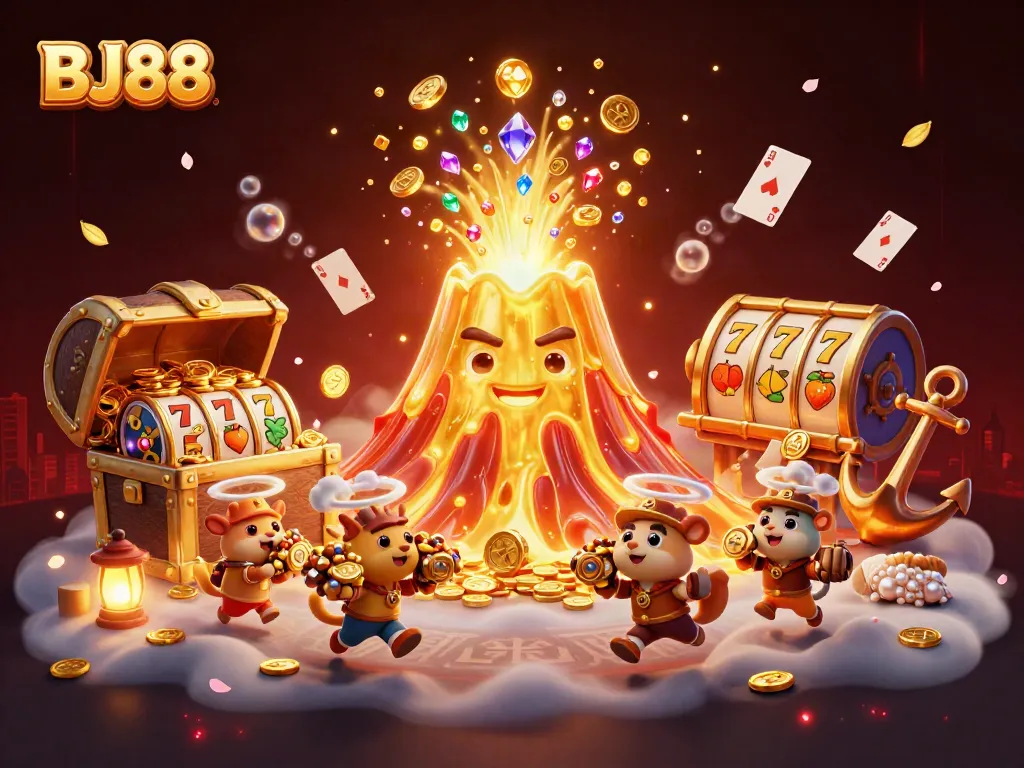 Experience thrilling wins at BJ88 Casino with a vibrant 3D scene featuring a golden volcano, treasure, and gaming elements.