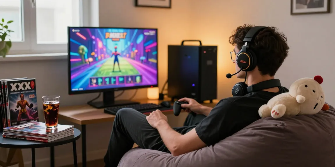 Gamer enjoying popular porn games in a cozy, well-lit room.