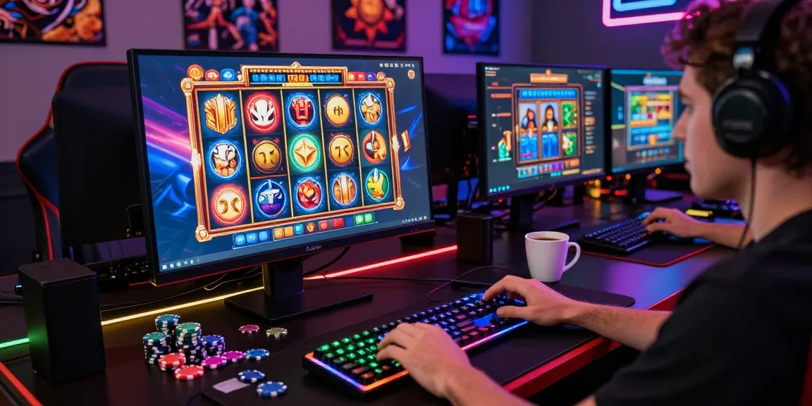 Engaging scene of a player experiencing link slot88 online, immersed in vibrant slot games with dynamic gaming setup.