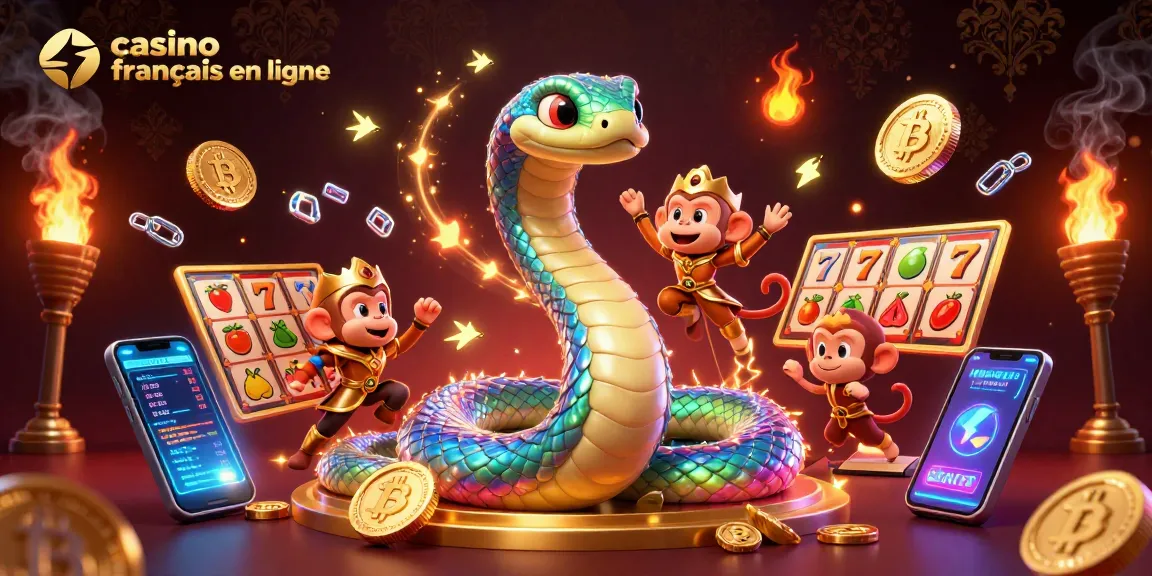 Jouez dans un casino français en ligne avec un serpent arc-en-ciel et un roi singe entouré de symboles de jackpot.