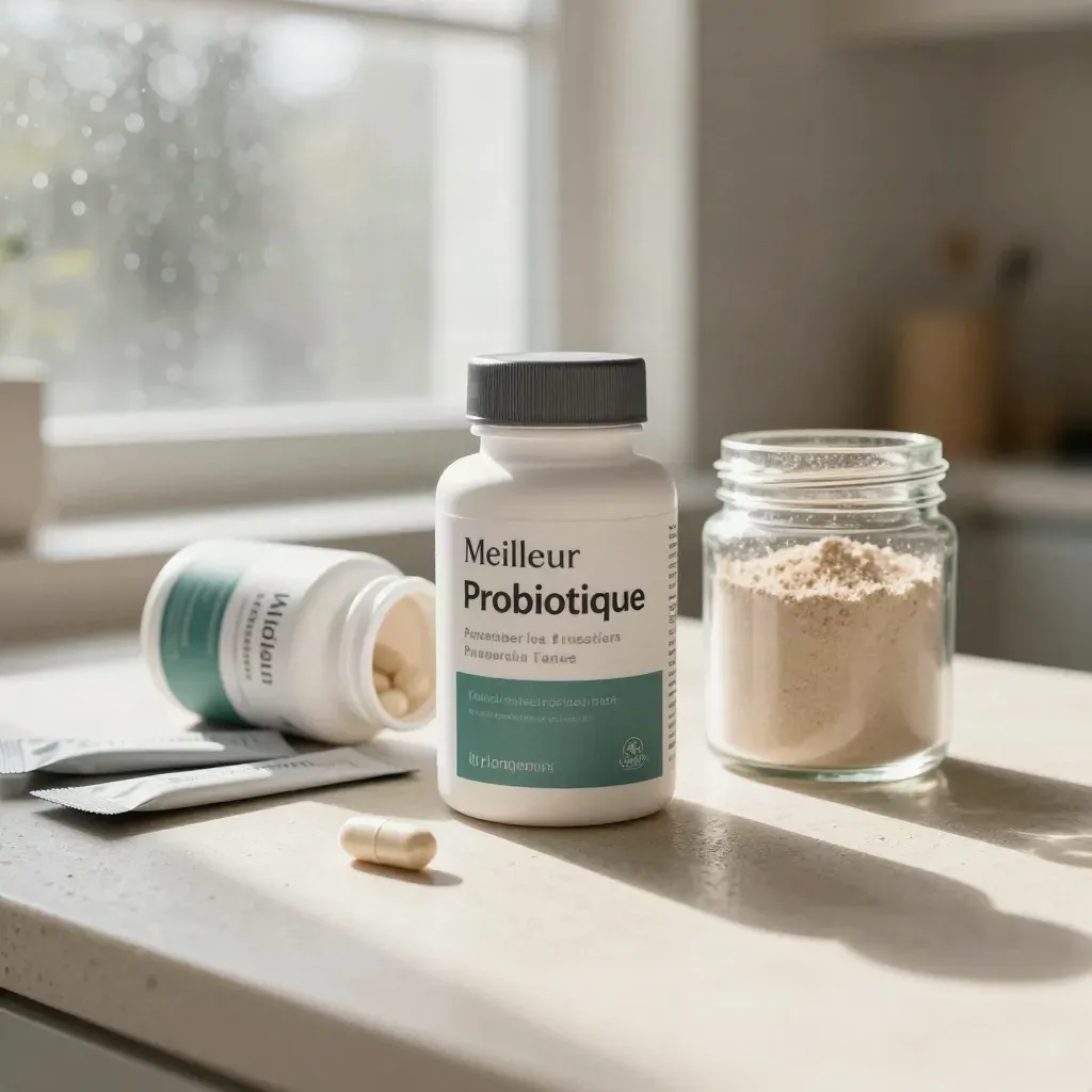 Probiotic supplements on a pale stone counter with one capsule rolling in morning light
