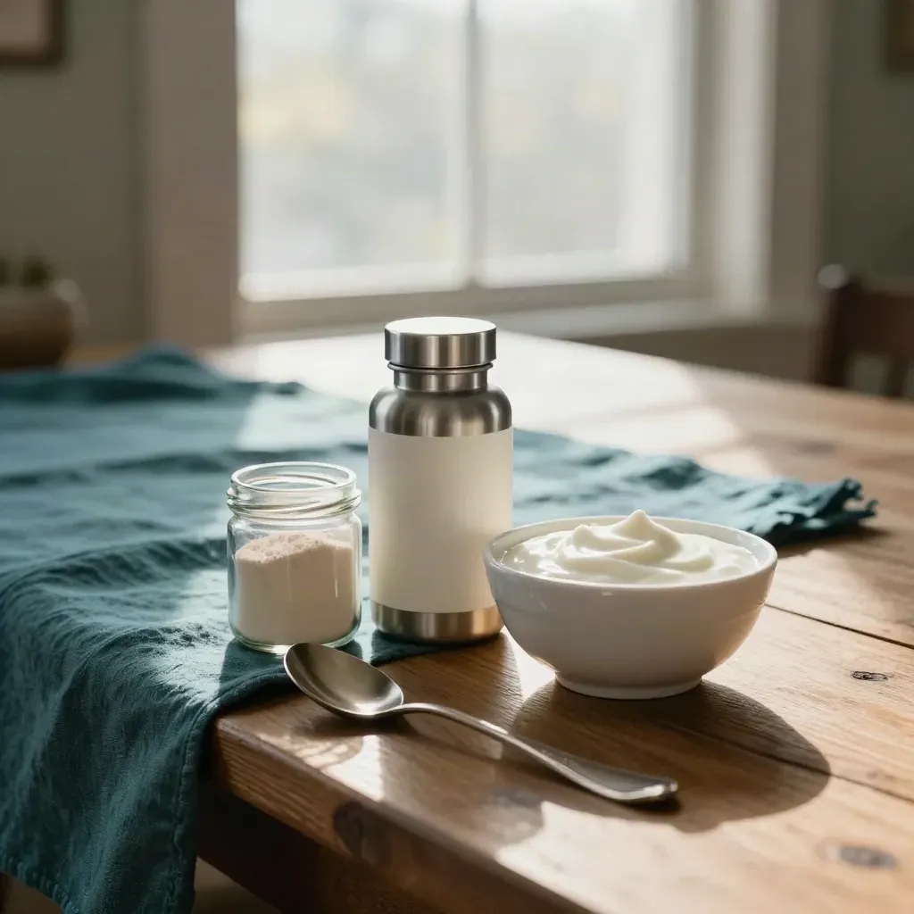 Probiotic bottle, yogurt bowl, spoon, and prebiotic jar on a farmhouse table in morning light.