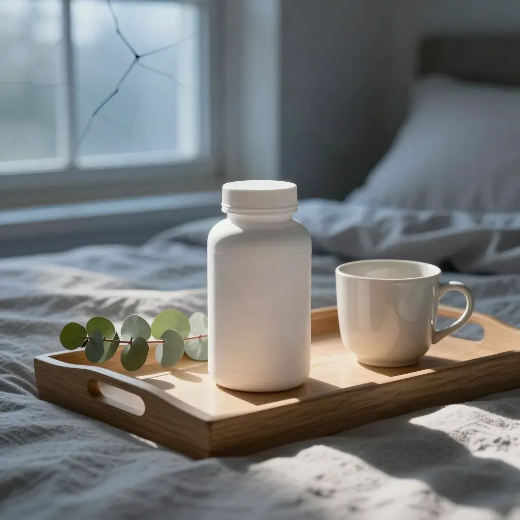 Probiotic bottle on a bedside tray with eucalyptus and a ceramic cup in dawn light