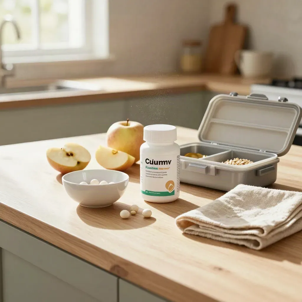 Chewable probiotic family pack, apples, lunchboxes, and bowl on a bright kitchen island.