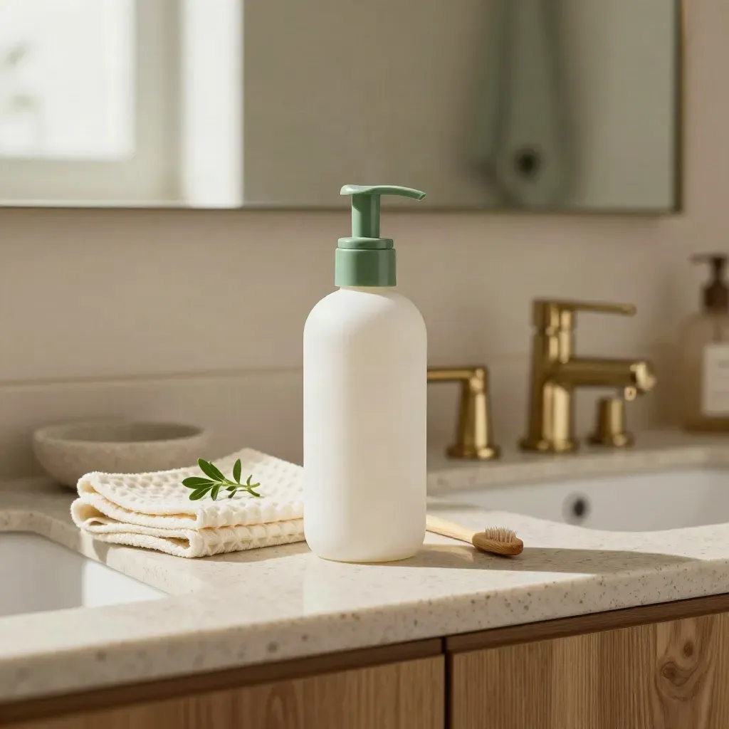 Probiotic bottle beside a washcloth, stone dish, and herb sprig on a bathroom vanity.