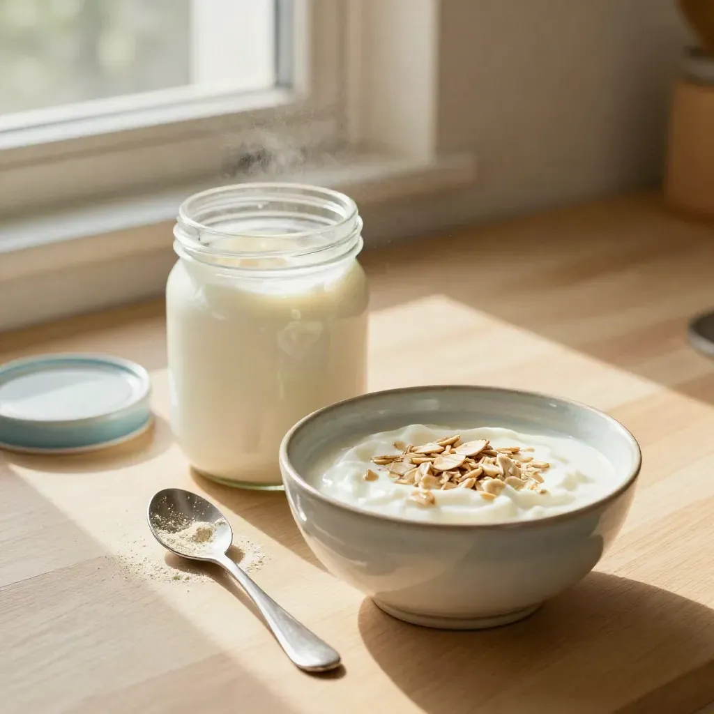 Prebiotic fiber jar, spoon, and yogurt bowl on a pale wood counter in warm window light.