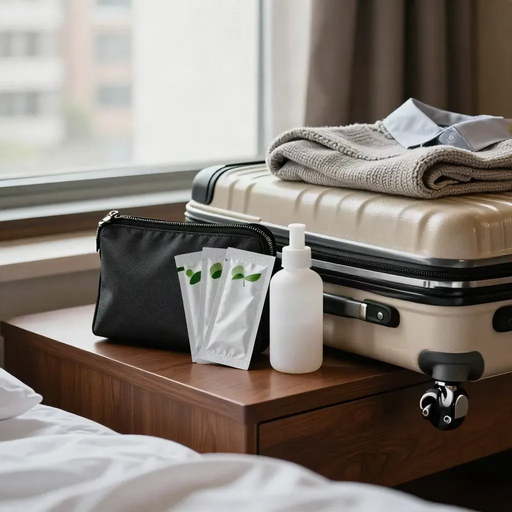 Hotel travel probiotic kit with packets, pouch, bottle and open suitcase by window light.