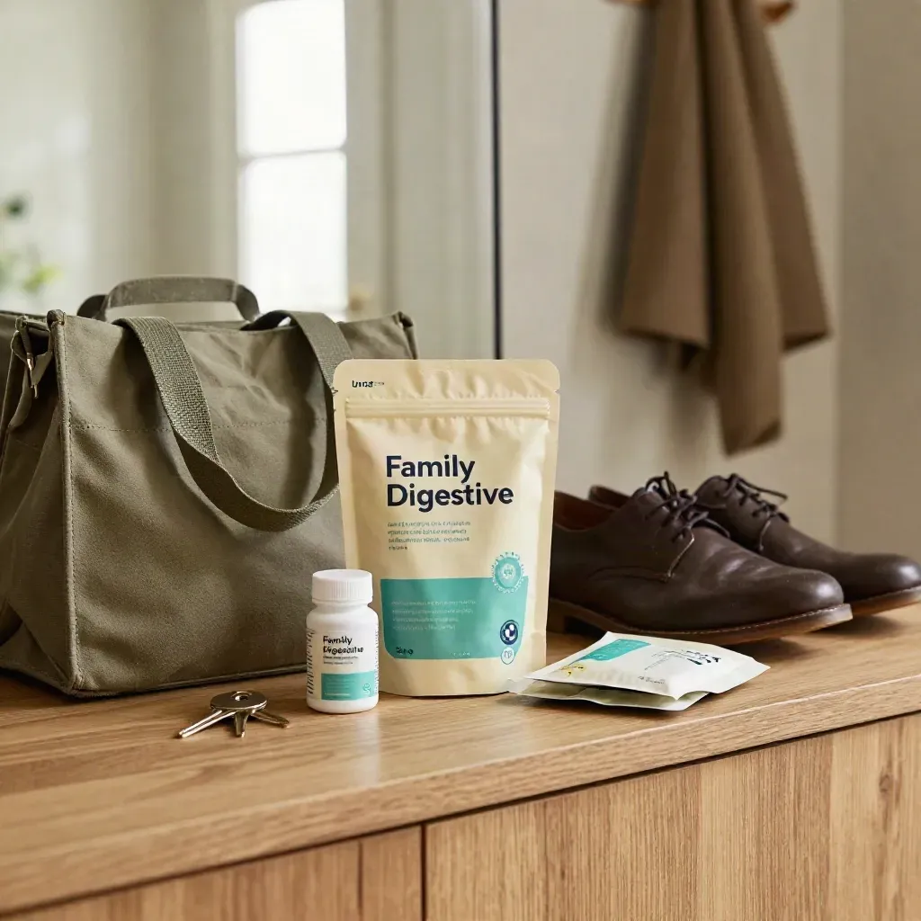 Entryway probiotic family pack beside keys, tote, and lunch bag on a console in soft morning light.