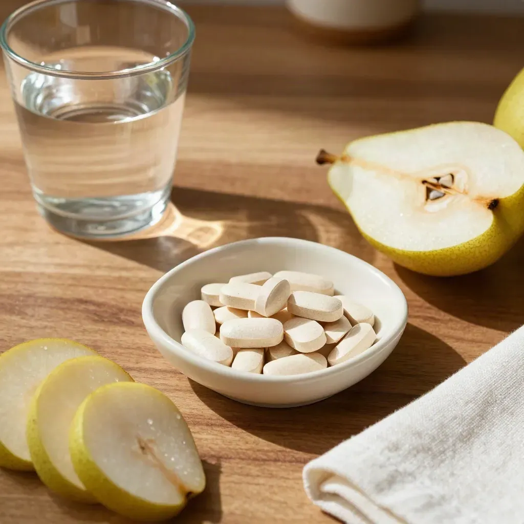 Overhead still life of chewable probiotic tabs, pear slices, water glass and napkin on walnut counter.