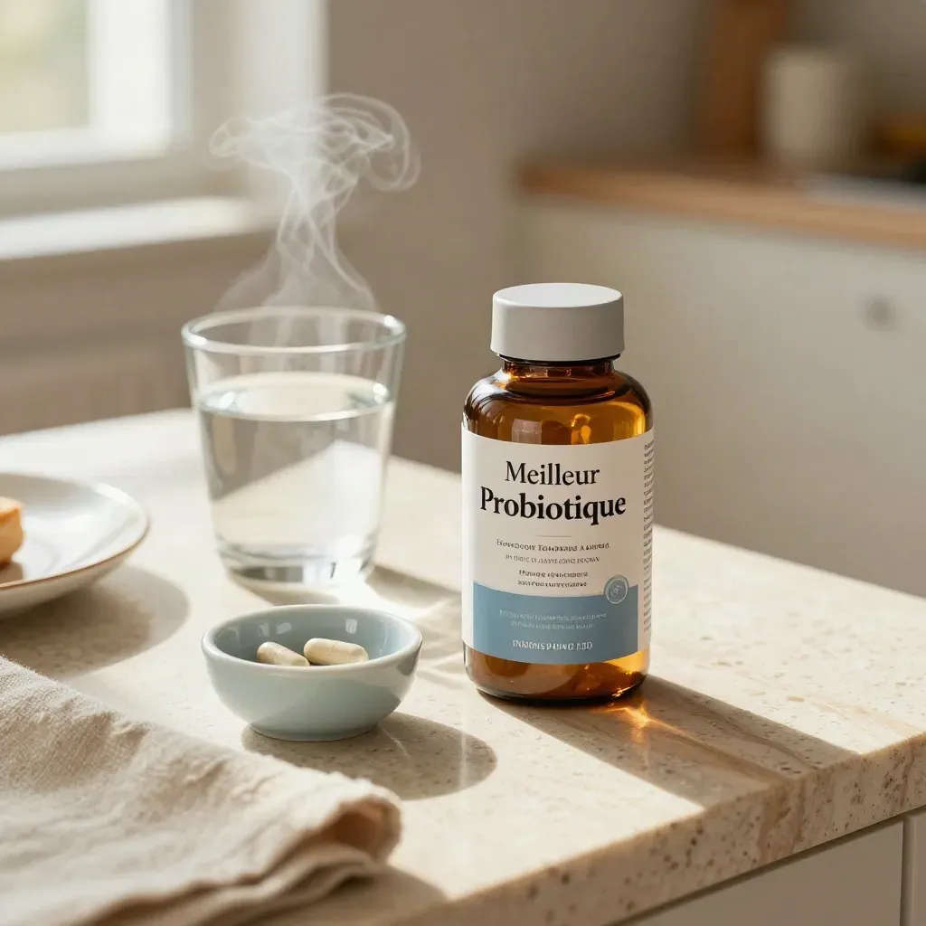 Probiotic starter bottle beside a water glass and ceramic bowl on a quiet breakfast table.