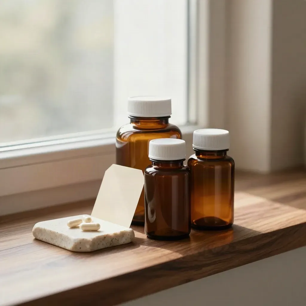Probiotic bottles on stone with a folded card and dish in bright window light