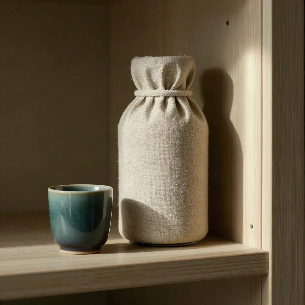 Probiotic bottle wrapped in linen on a pantry shelf beside a ceramic tumbler.