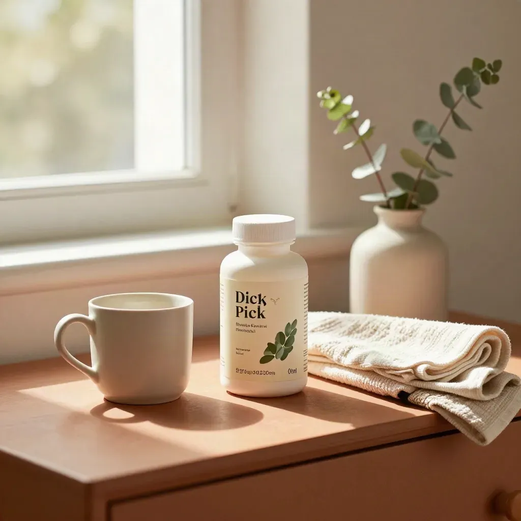 Probiotic bottle beside mug, towel, and eucalyptus on a warm bedside dresser in soft evening light.