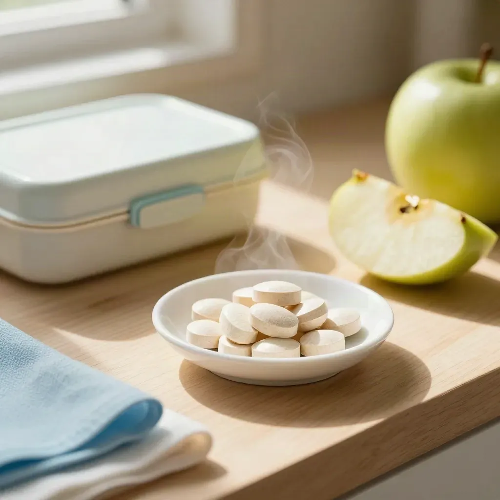 Chewable probiotic tabs in a dish with apple wedges, lunchbox, and a blue napkin in warm kitchen light.