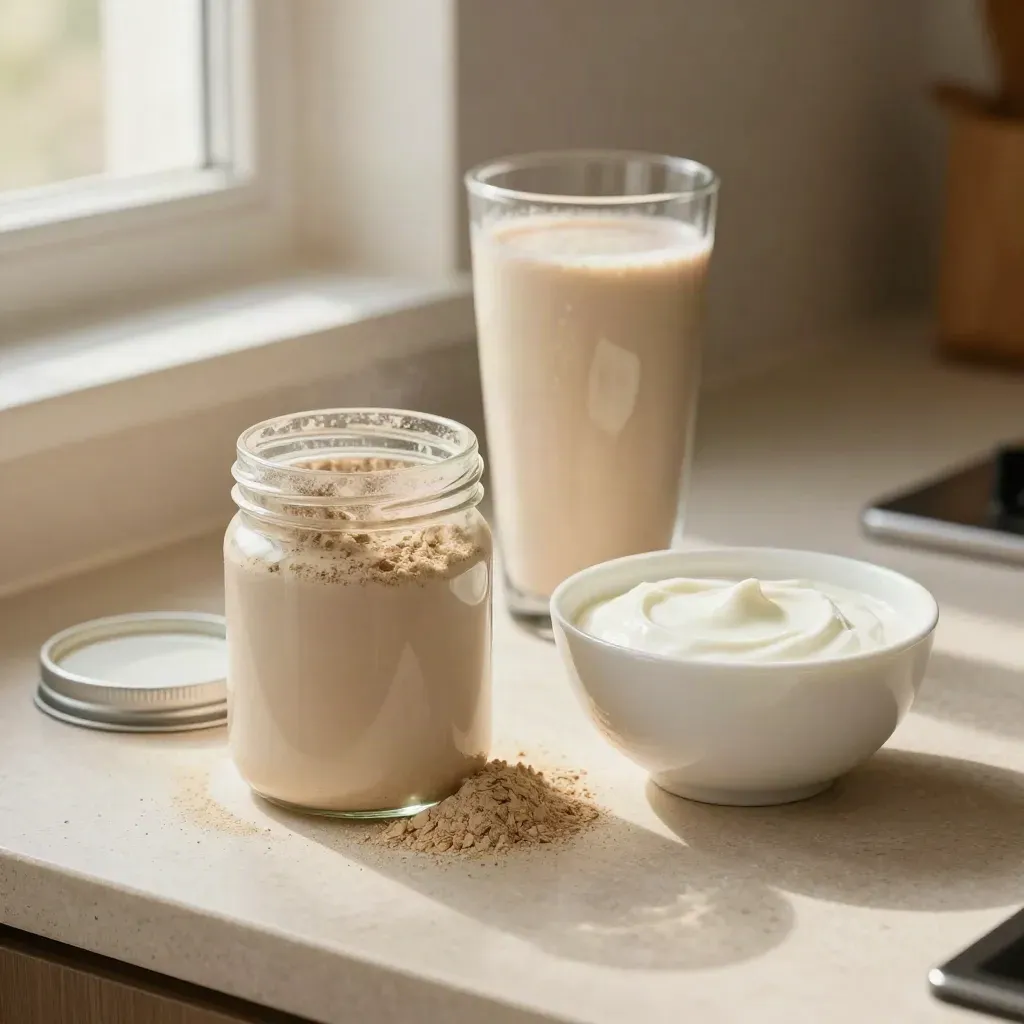 Prebiotic mix jar, yogurt bowl and smoothie glass on a sunlit countertop