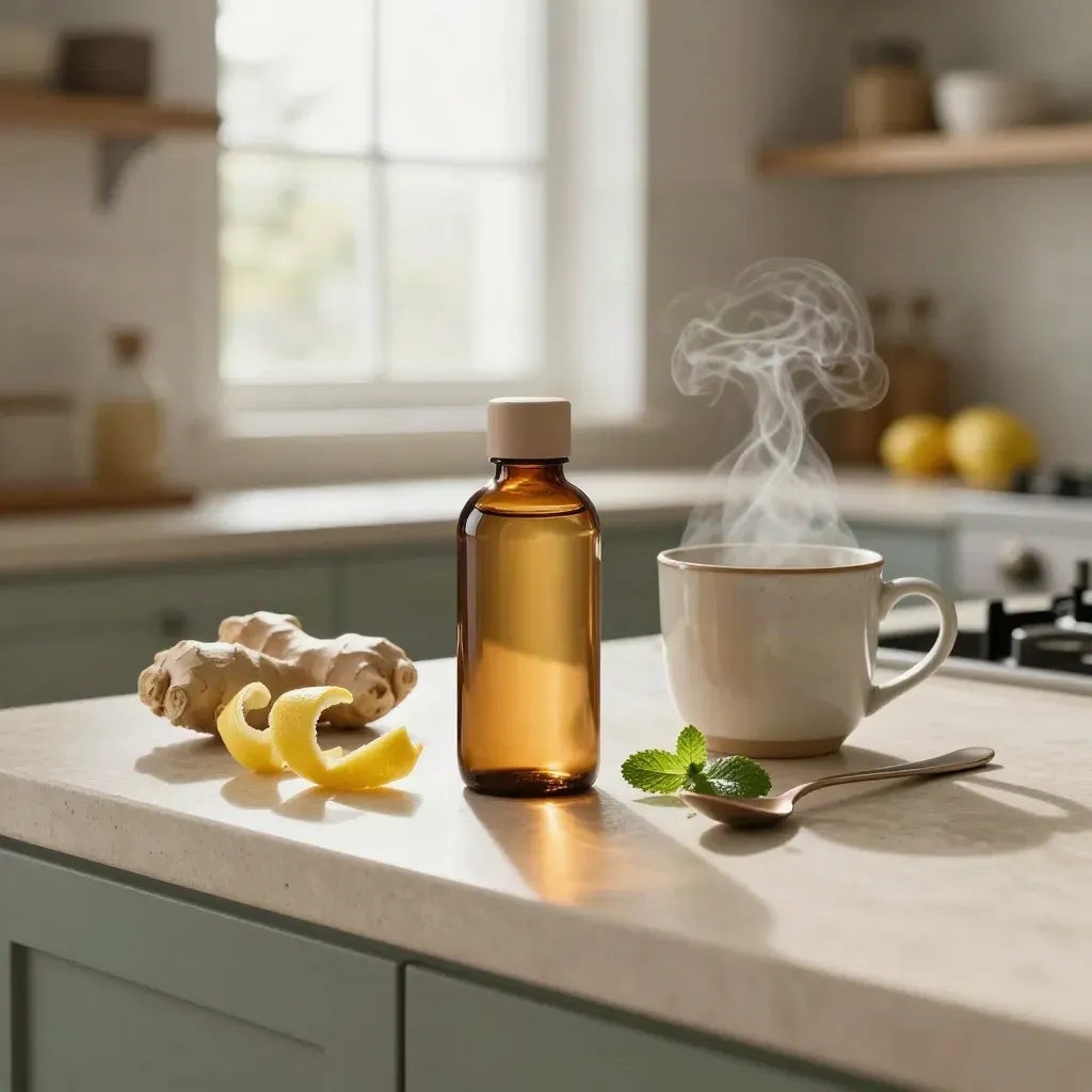 Amber probiotic bottle with lemon peel, ginger, and a steaming mug on a pale stone counter