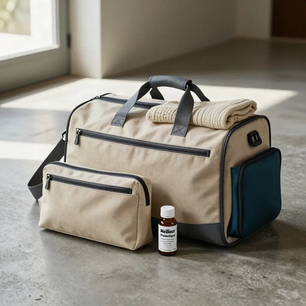 Travel probiotic pack box, pouch and bottle beside a weekender bag in cool morning light.