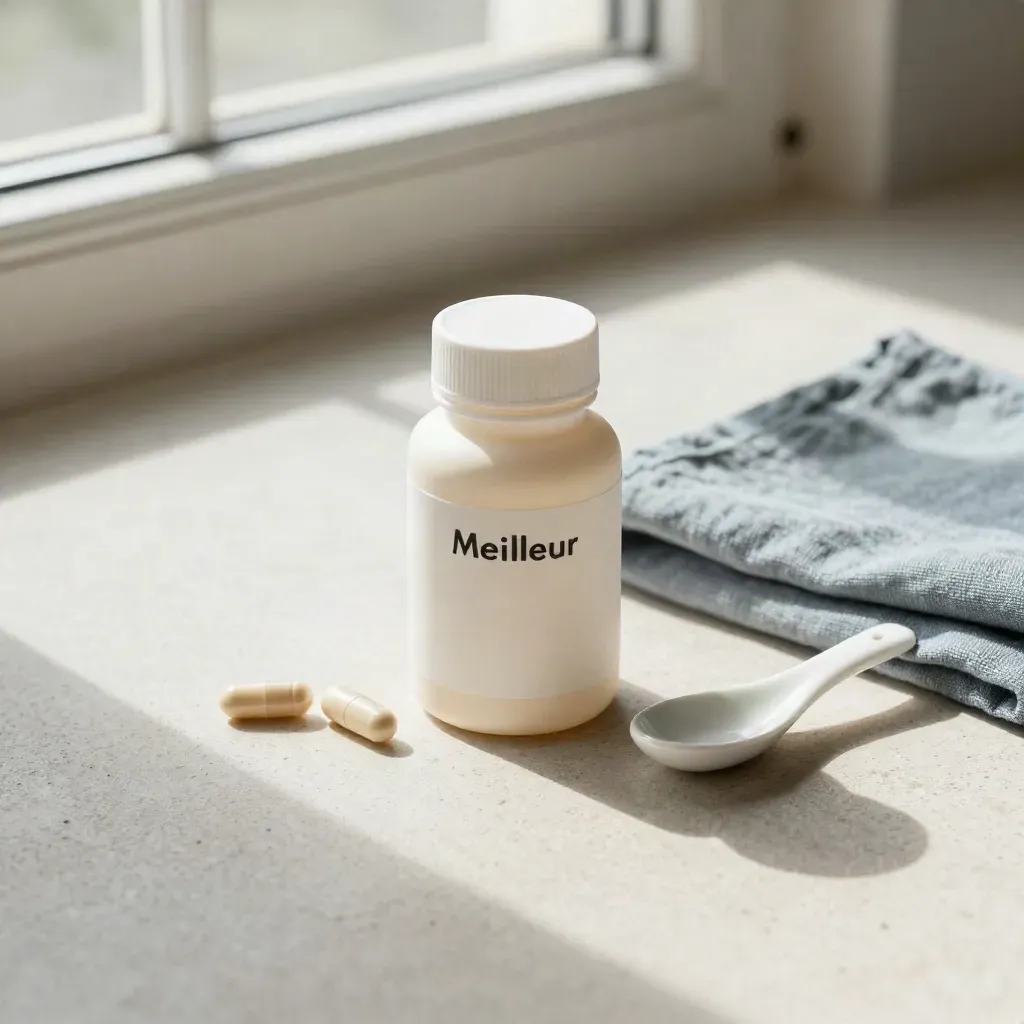 Overhead flatlay of dosage bottle, two capsules, ceramic spoon, and folded linen on pale stone.