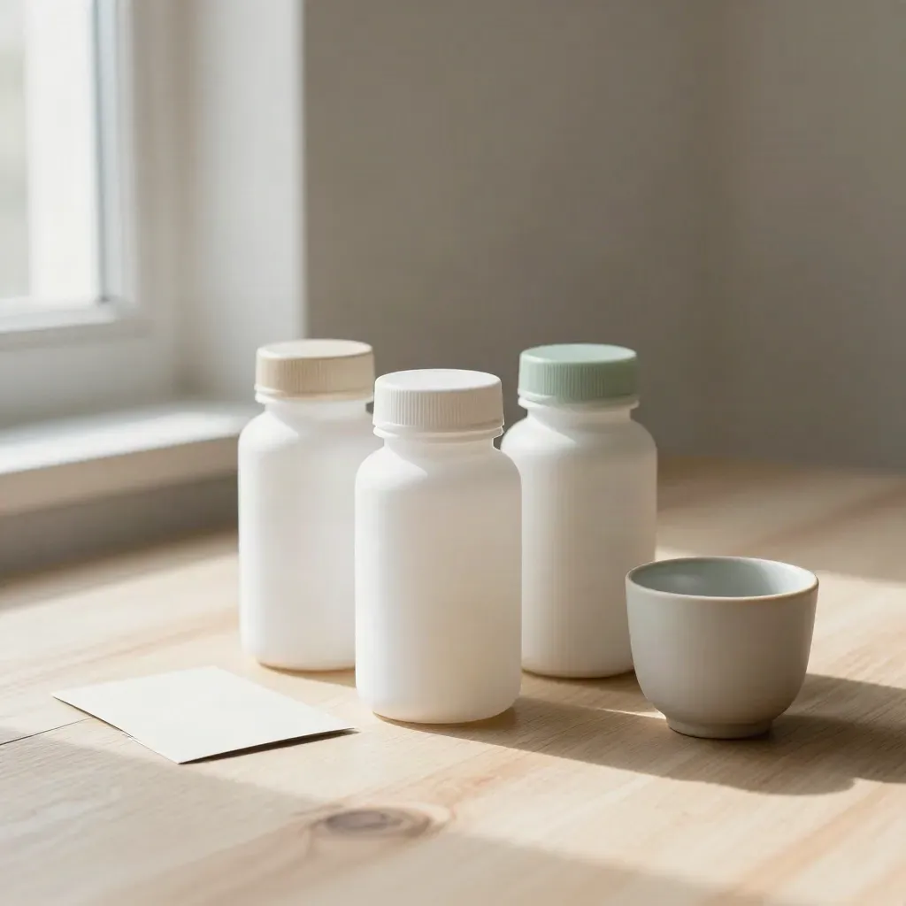 Three probiotic bottles, folded card, and ceramic cup on pale wood in soft window light.