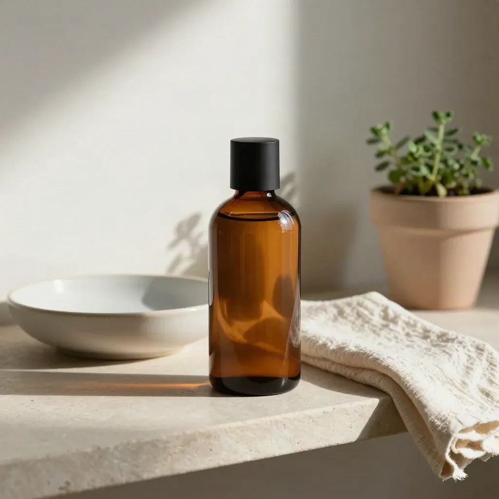 Amber storage bottle with dish, cloth, and herb on a stone shelf in soft shade.
