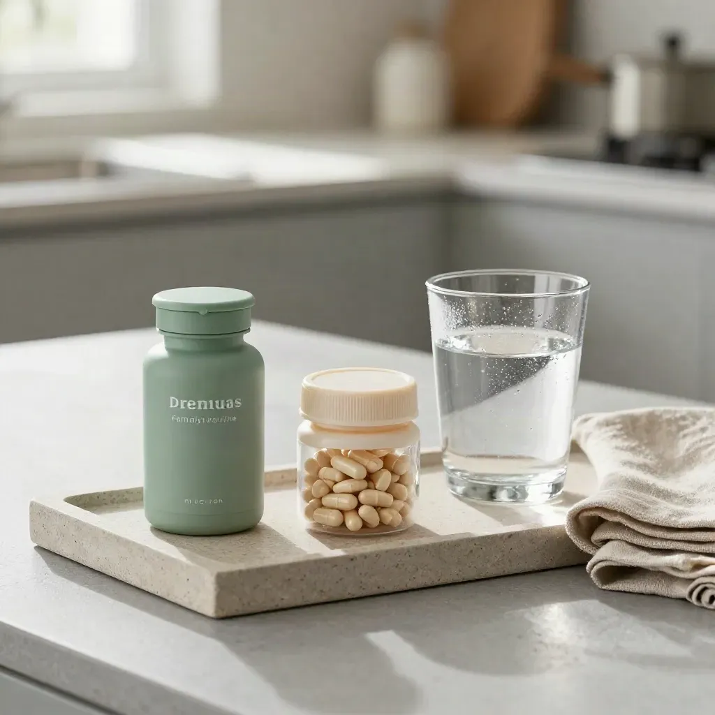 Probiotic bottle, chewable jar, water glass and linen napkin on a stone tray.