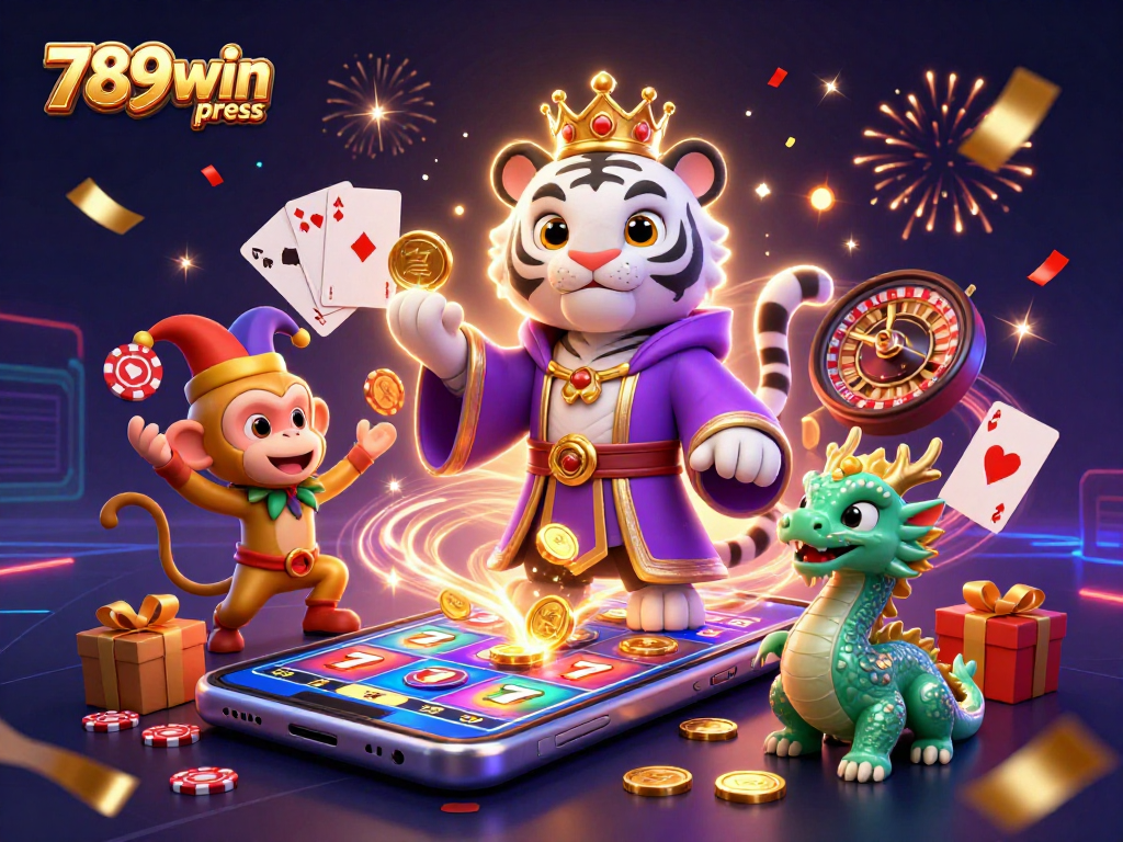 Engage in winning slots with the 789win press artwork featuring a whimsical casino scene.
