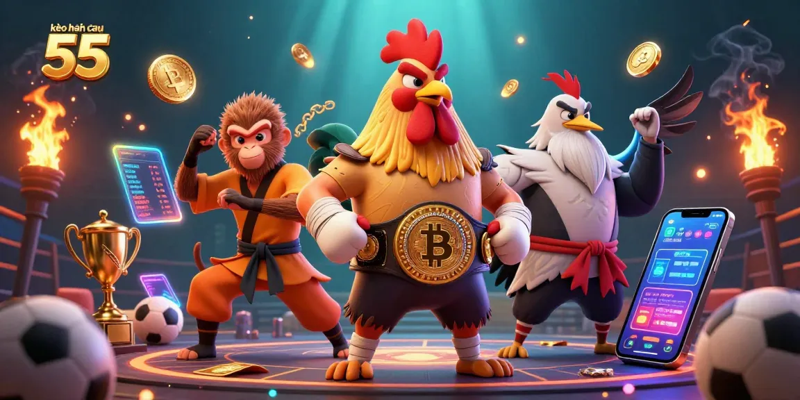 Engage with kèo nhà cái 55 through a dynamic 3D illustration of a Muay Thai rooster and martial artists.