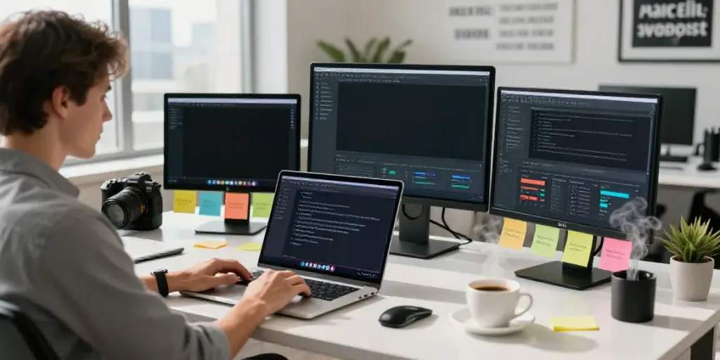 AI YouTube descriptions generator in action, showcasing a modern workspace with creative elements.