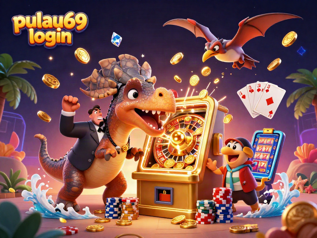 Experience pulau69 login excitement with a pachycephalosaurus hitting a slot machine, amid flying golden coins.