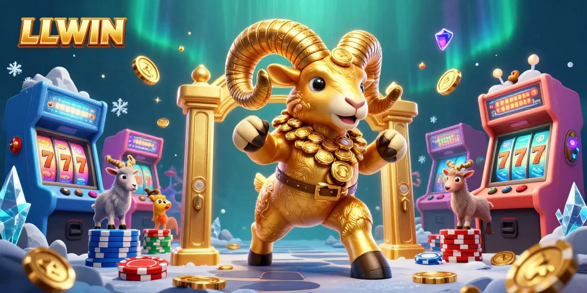Experience high-energy gaming action with LLWIN's vibrant slot reels and golden ram mascot.