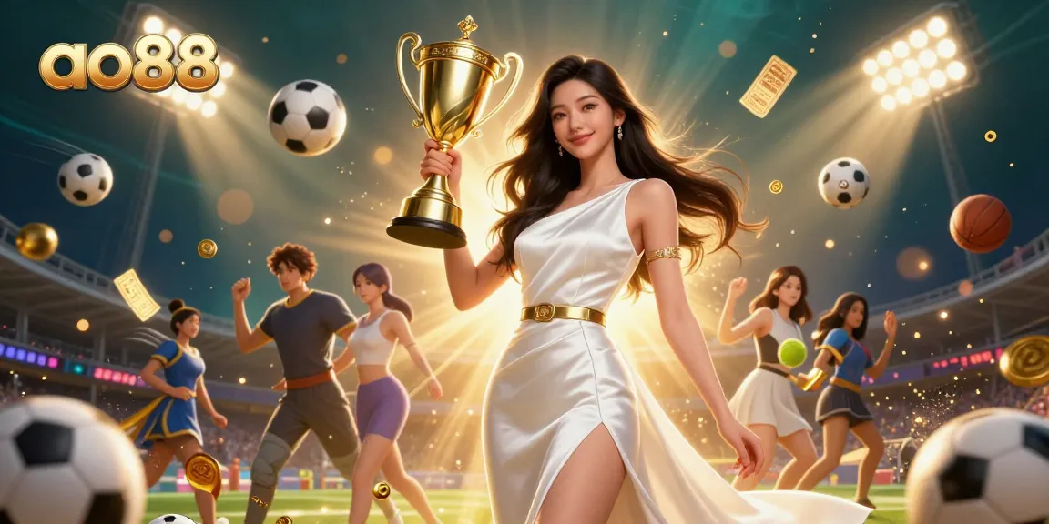 Bet on victory with ao88 featuring an elegant woman lifting a golden trophy amidst sports betting excitement.