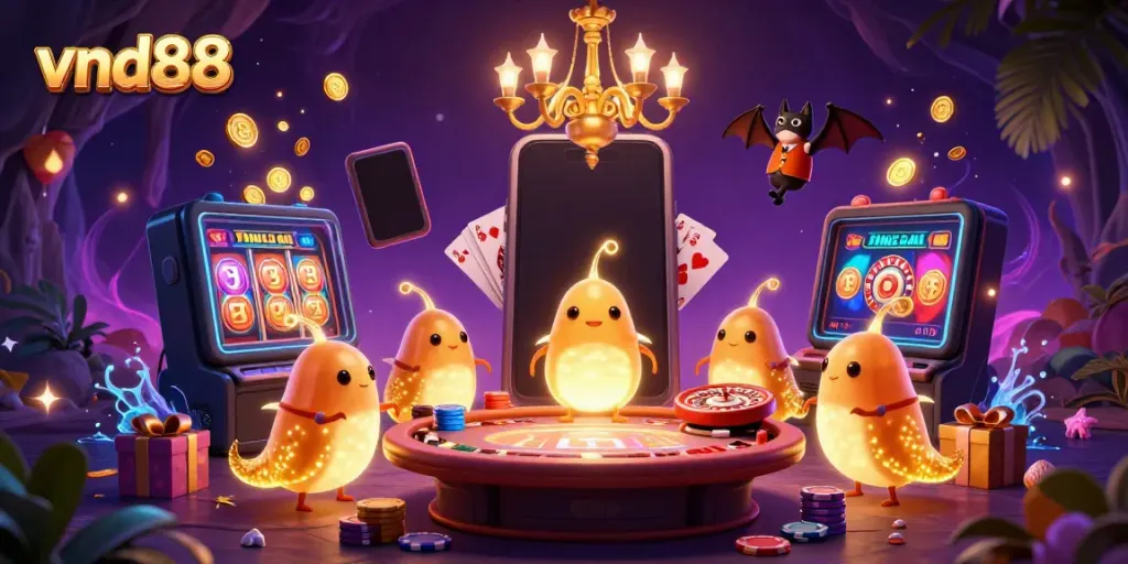 Experience the vibrant action of vnd88 with glowworms lighting up a casino scene full of games and rewards.
