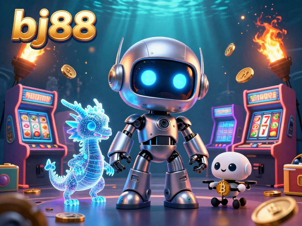 Engage with bj88's vibrant casino scene featuring a cyberpunk robot and AI dragon in 3D.
