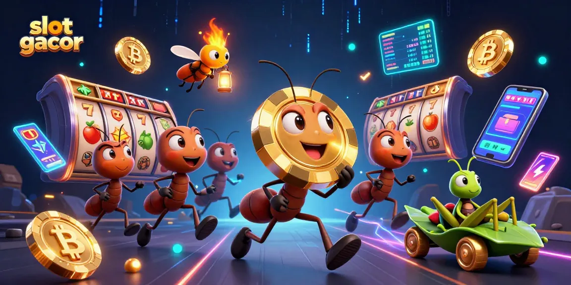 Ant tim 3D dalam misi membawa chip poker emas, menunjukkan slot gacor yang menakjubkan.