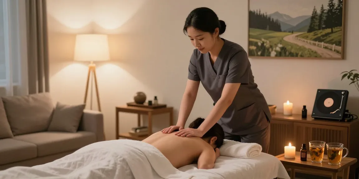 길동출장안마 in a cozy living room with a therapist providing a relaxing massage.