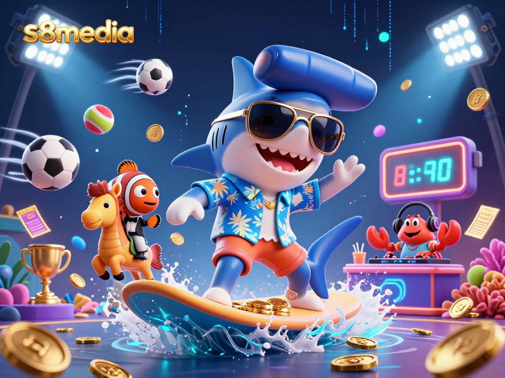 S8media showcases a vibrant casino scene with a hammer-head shark surfing gold coins and playful game elements