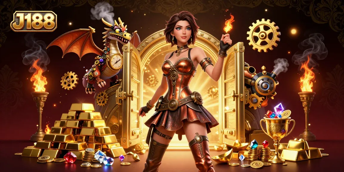 Experience the thrill of winning big with J188's vibrant 3D casino illustration featuring gleaming treasures and dynamic characters.